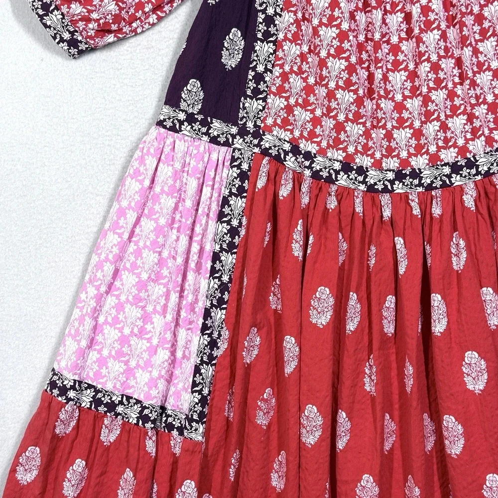 Maeve Dress‎ Womens XS Patchwork Square Neck Tape Detail Midi Peasant Cottage